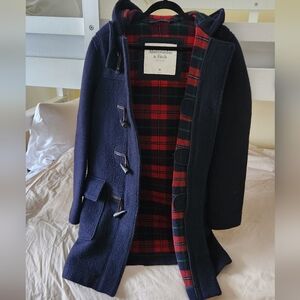 Abercrombie & Fitch Italian Wool Toggle Hooded Duffle Coat Navy Plaid Mens Med